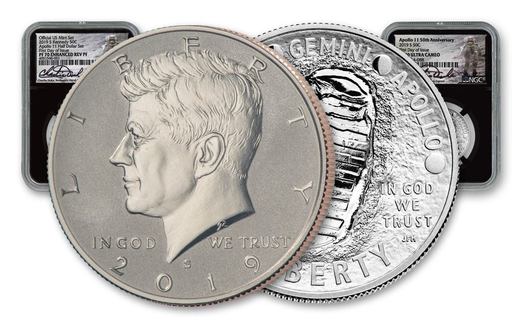 2019 50th Anniversary Apollo 11-Kennedy Half Dollar 2-pc Set NGC PF70 First Day of Issue w/Black Core & Charlie Duke Signature