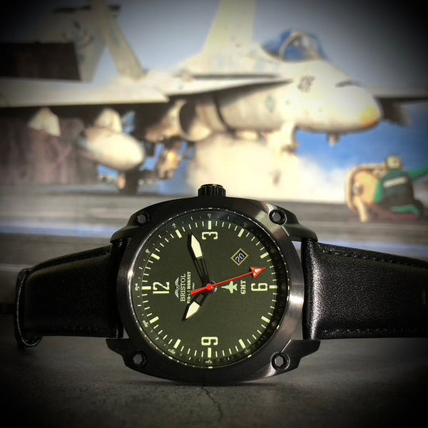 F-18 Hornet Tribute - Black Finish, Dark Green Dial, Black Leather Ban