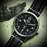 B-17 Tribute - Stainless Steel, Brush Finish, Black Dial, Black Leather Band with Stitching