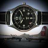 B-17 Tribute - Stainless Steel, Brush Finish, Black Dial, Black Leather Band with Stitching