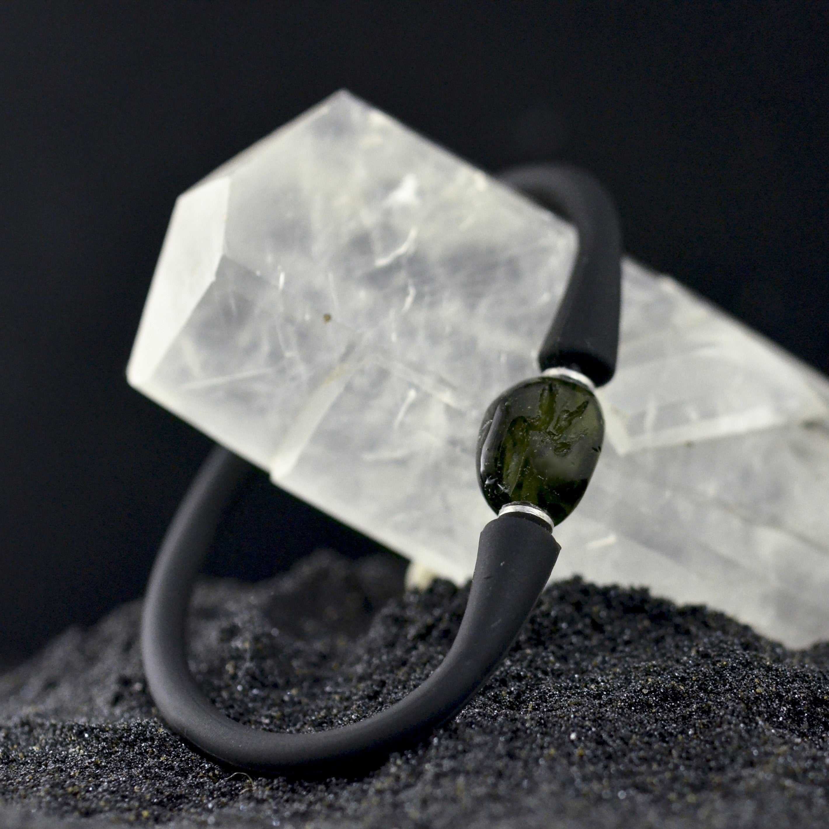 Stones Desire Moldavite Crystal Silicone Bracelet - 14.1 Carat Sterling Silver Molded, High Vibration Stone (Comes With 2 Bands)