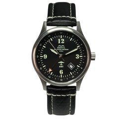 B-17 Tribute - Stainless Steel, Brush Finish, Black Dial, Black Leather Band with Stitching