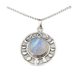 Rainbow Moonstone Moon Phases Pendant in Sterling Silver