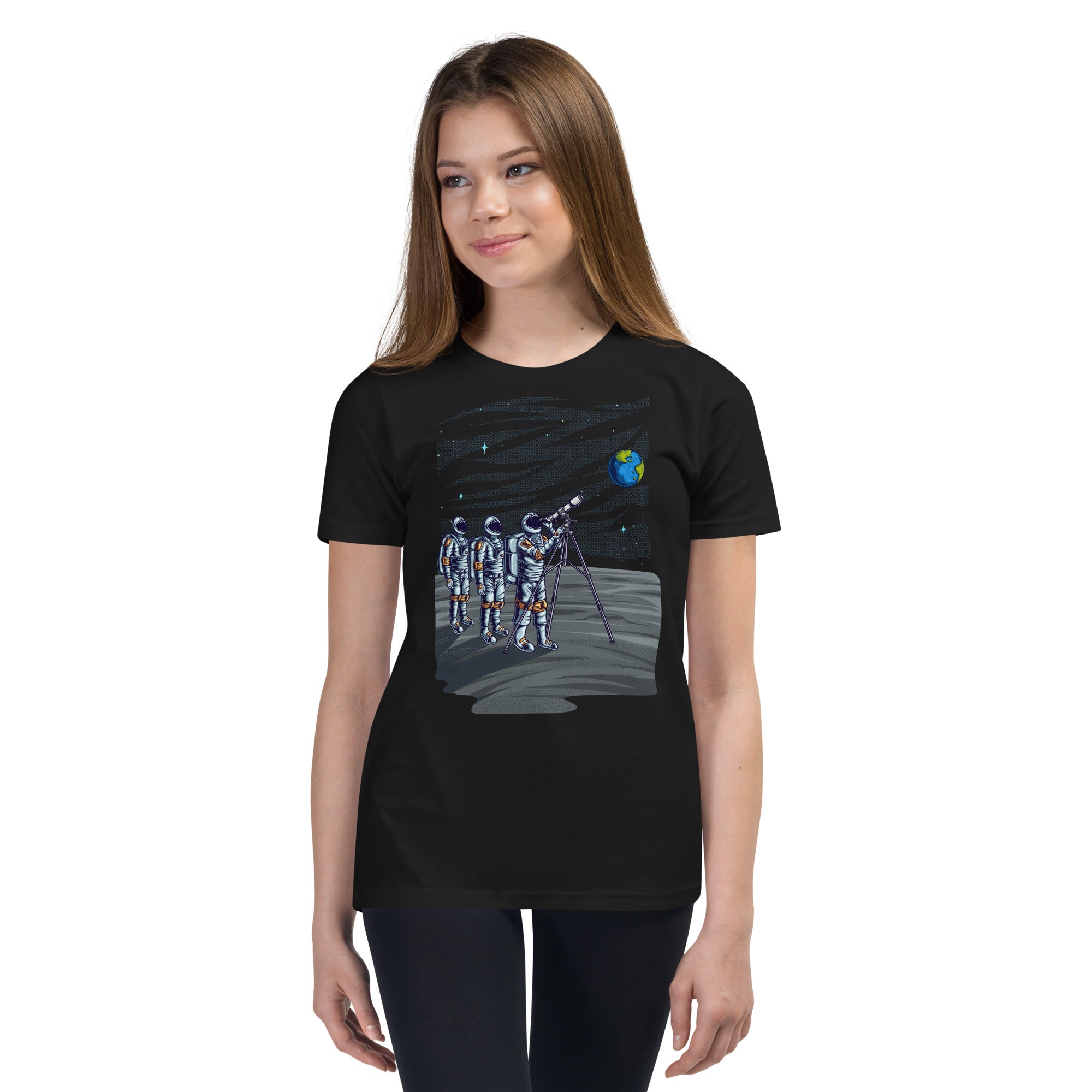 Astronauts on Lunar Surface looking at Earth in Youth Short Sleeve T-Shirt - The Space Store