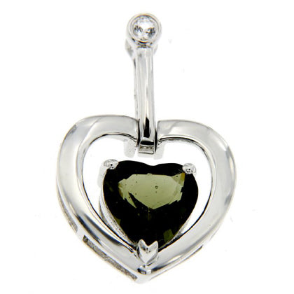 Moldavite Heart with White Topaz Accent Pendant, Sterling Silver - The Space Store