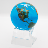 3” Aqua Crystal Natural Earth Globe - On Spinning Tapered Glass Base