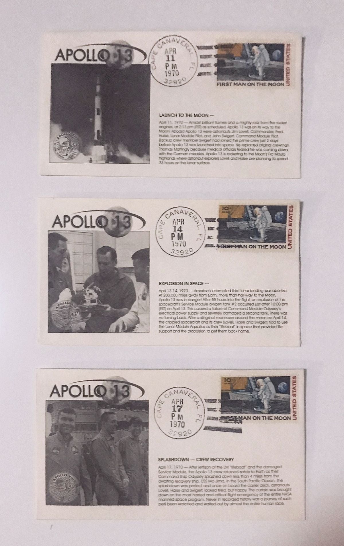 Apollo 13 Set of 3 Covers: Launch, Explosion in Space, Recovery - The Space Store